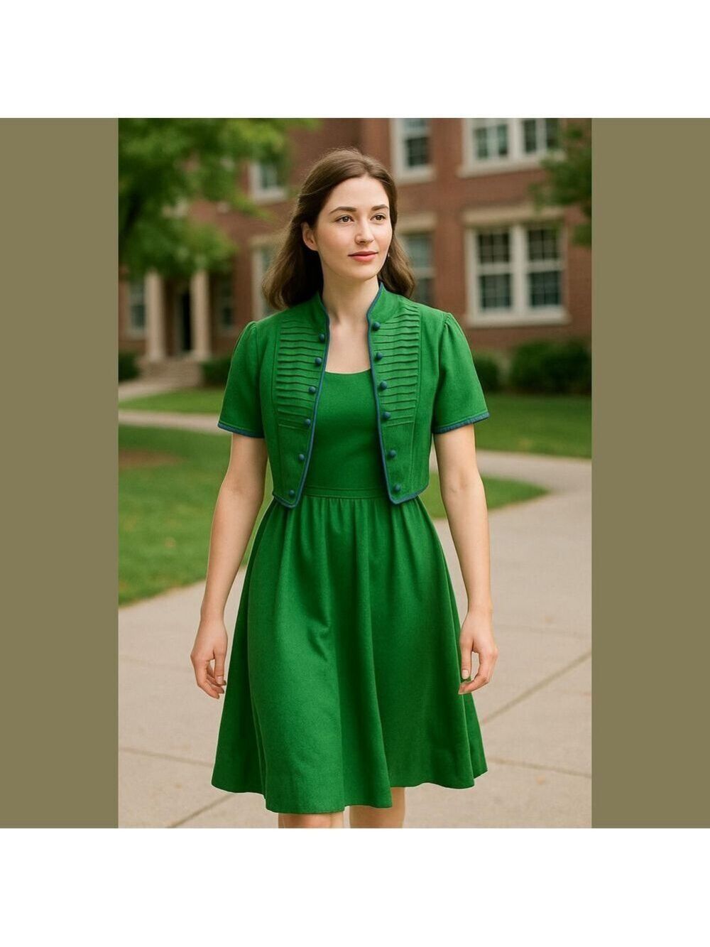 60s 3PC LANZ ORIGINALS LINEN GREEN SLEEVELESS DRESS JACKET & SASH W BLUE TRIM 4